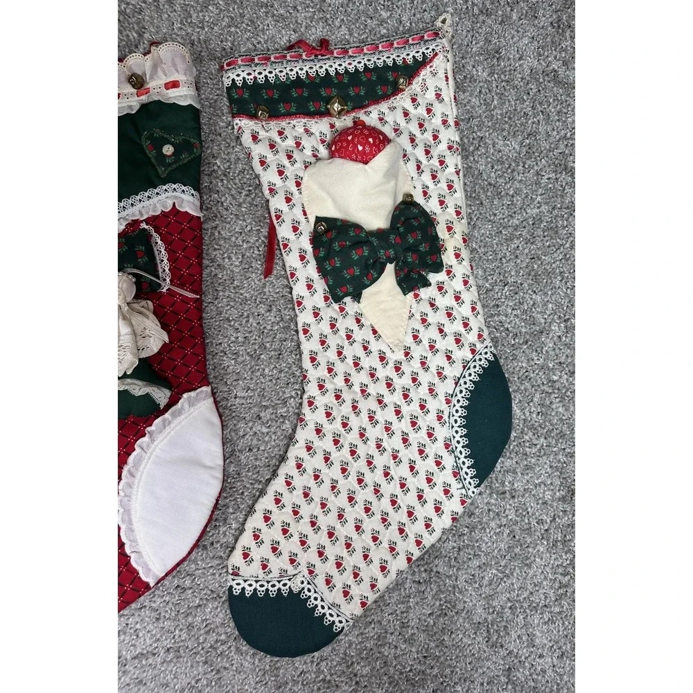Vintage Handmade Quilted Christmas Stockings Lot of 4 Bells Lace Hearts‎